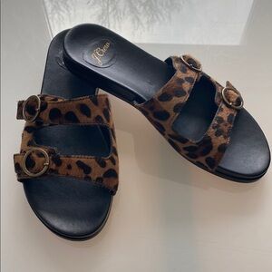 J. Crew Brown and Black Slide Sandals with Animal Print